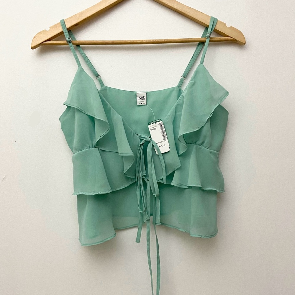 🆕 NWT Twik Mint Green Tie Front Ruffle Tank Top